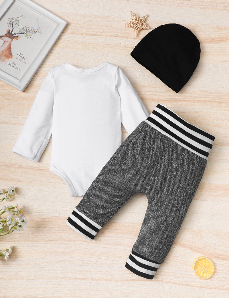 Fommy Baby Boy Clothes 0-3 Months Baby Clothes Boy New to The Crew Print Romper Pants Hat 3PCS Baby Boy Outfits White - Image 4